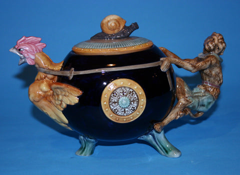 Majolica Cockerel & Monkey teapot 